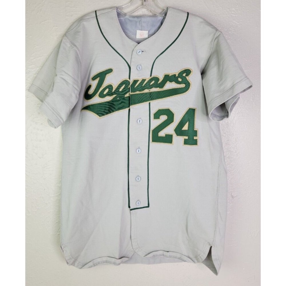 Vintage Southland Baseball Jersey Sz 38 Jaguars #24 sewn Logo Gray Button Up